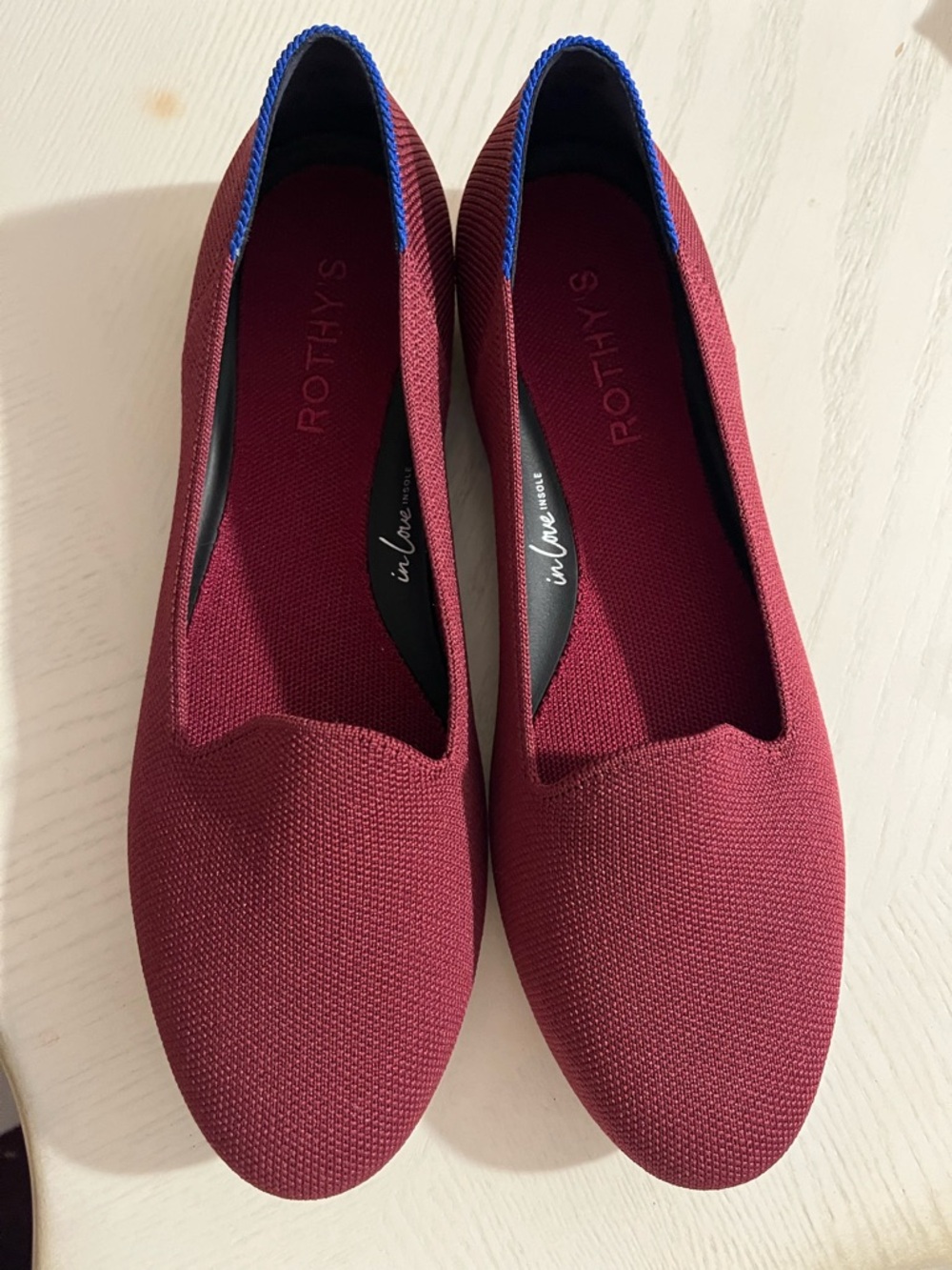 Rothy's Women's Burgundy Knit Slip-On Flats with Blue Trim